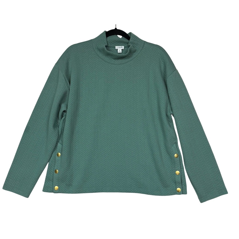 J.Crew Quilted Mockneck Sweatshirt Size XL Green Chevron Textured Side Snap